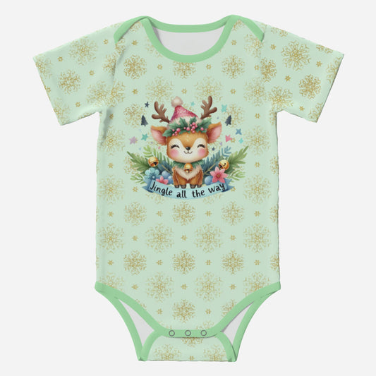 'Jingle All The Way' Reindeer; Super Cute Baby Short Sleeve Romper/Sleepsuit, Eco-Friendly Cotton