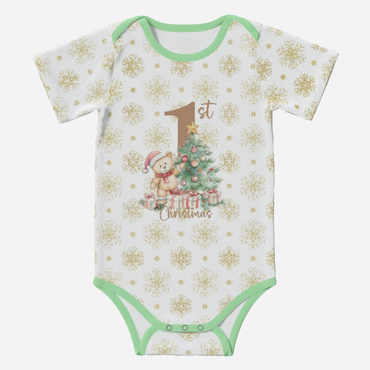 'My First Christmas' Adorable Christmas Teddy; Short Sleeve Romper/Sleepsuit, Eco-Friendly Cotton