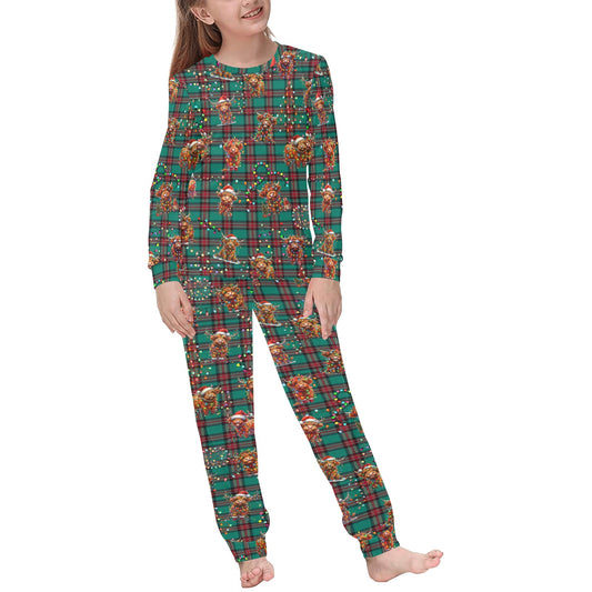 Soft, Comfortable Kids PJ Set with cute Highland Cows on Tartan Background