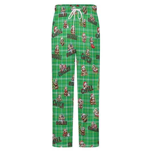 Fleecy Feel Loungewear / PJ Bottoms with Cute Sleepy Christmas Sloths on Green Tartan