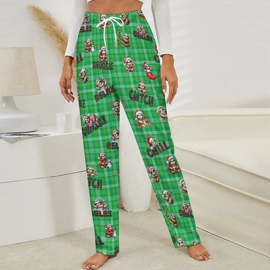 Fleecy Feel Loungewear / PJ Bottoms with Cute Sleepy Christmas Sloths on Green Tartan