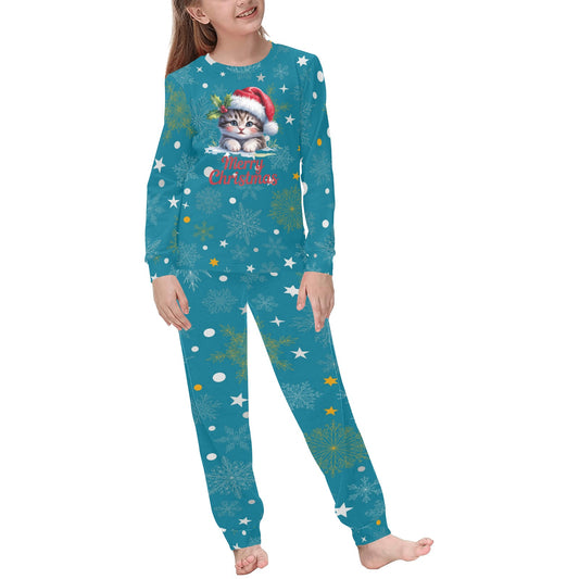 Soft, Comfortable Kids Unisex PJ Set with Cute Christmas Kitten