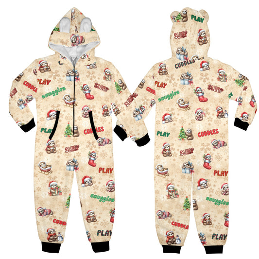Christmas Sloths Fleecy Zip-Up Onesie Lounge Suit with Hood and Kangaroo Pocket, 8-15yrs