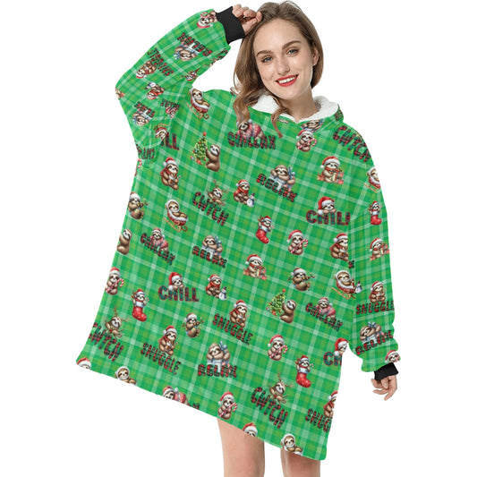 Gorgeously Soft and Snuggly Blanket Hoodie With Christmas Sloths on Tartan Design