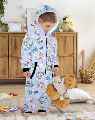 Christmas Snow Friends, Fleecy, Zip-Up Onesie Loungewear for Little Kids