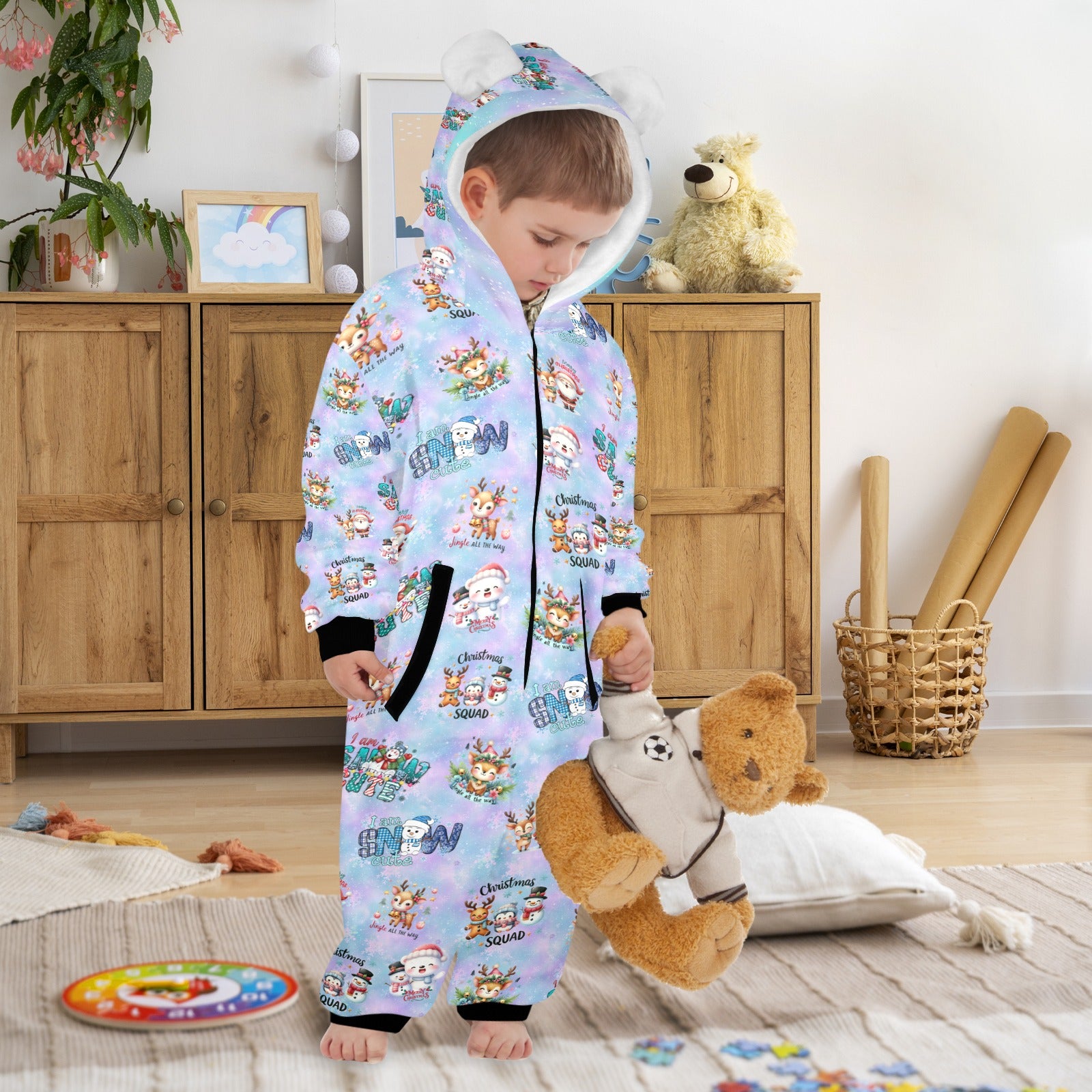 Christmas Snow Friends, Fleecy, Zip-Up Onesie Loungewear for Little Kids