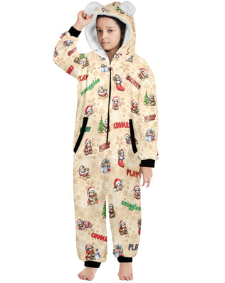 Christmas Sloths Fleecy Zip-Up Onesie Lounge Suit with Hood and Kangaroo Pocket, 8-15yrs