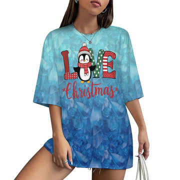 7131-Penguin Love(1) Women's Drop-Shoulder Mid-Sleeve T-Shirt