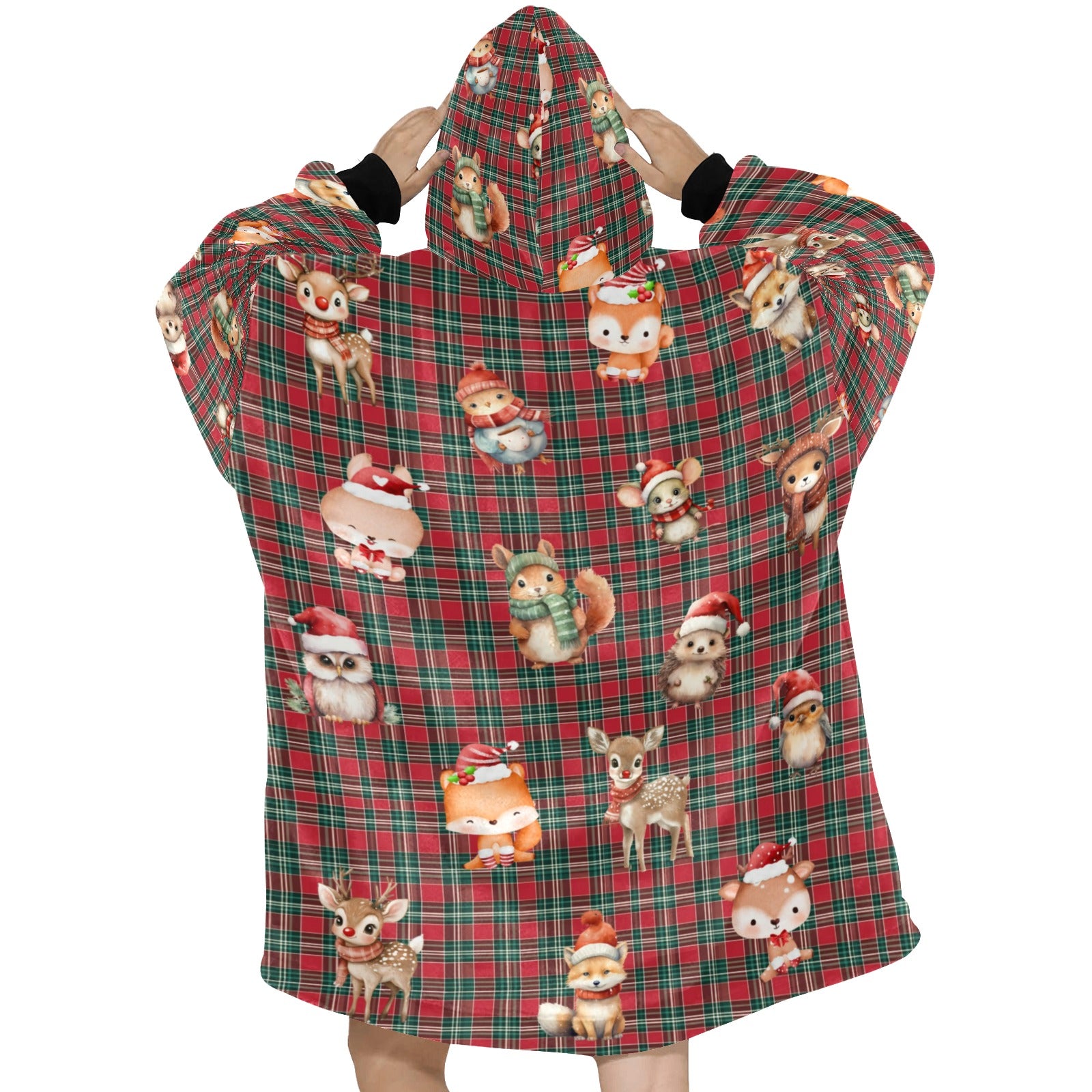 Gorgeously Soft and Snuggly Blanket Hoodie With Christmas Tartan Woodland Friends Design