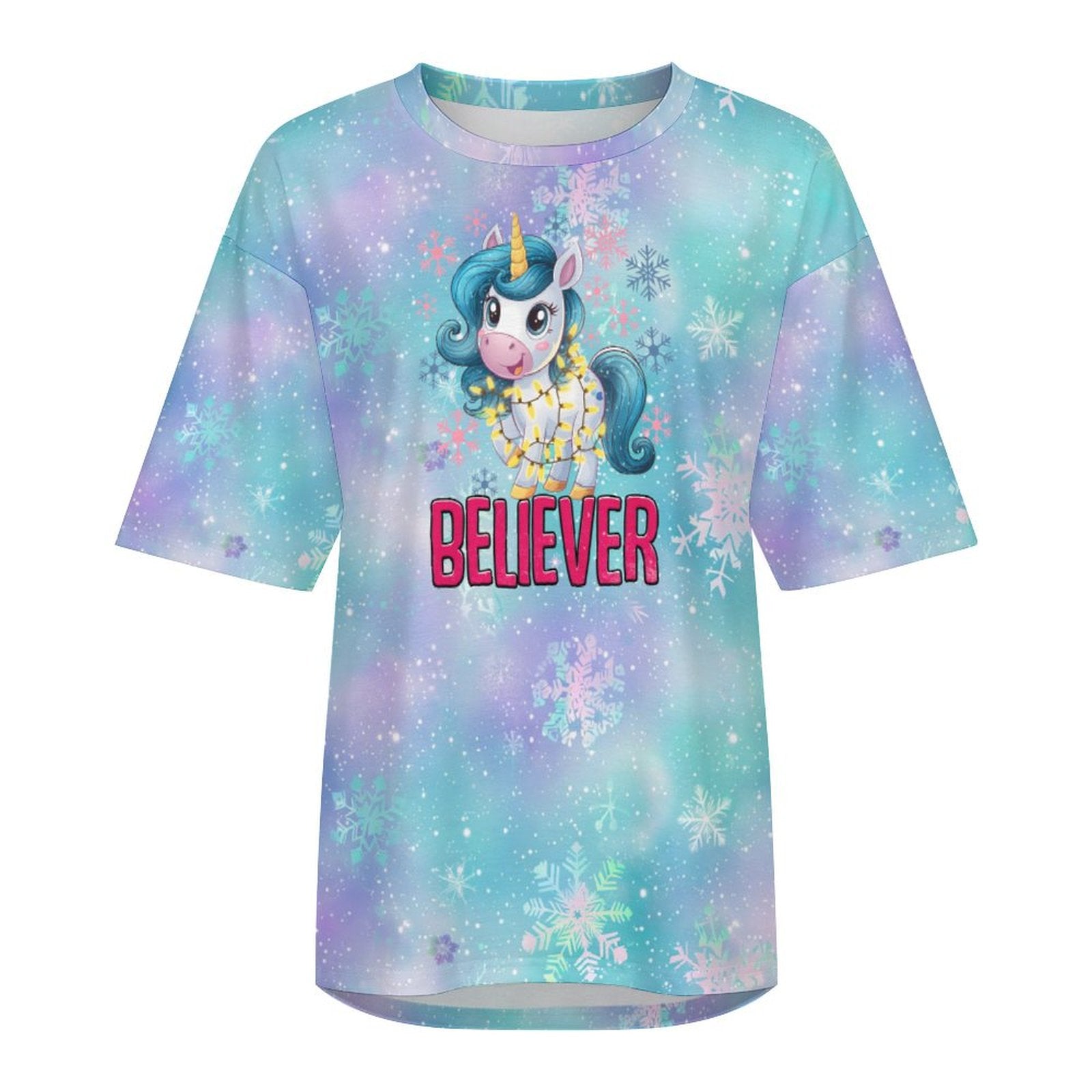 Drop-Shoulder Baggy Tee with 'Believer' Unicorn Christmas Design