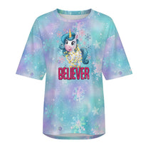 Drop-Shoulder Baggy Tee with 'Believer' Unicorn Christmas Design