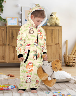Christmas Woodland Friends, Fleecy, Zip-Up Onesie Loungewear for Little Kids