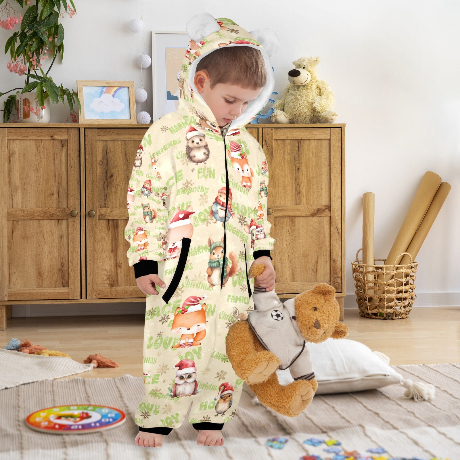 Christmas Woodland Friends, Fleecy, Zip-Up Onesie Loungewear for Little Kids