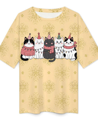 Drop Shoulder Baggy Tee with Cute Christmas Kitties, Loungewear, Casual, Fun