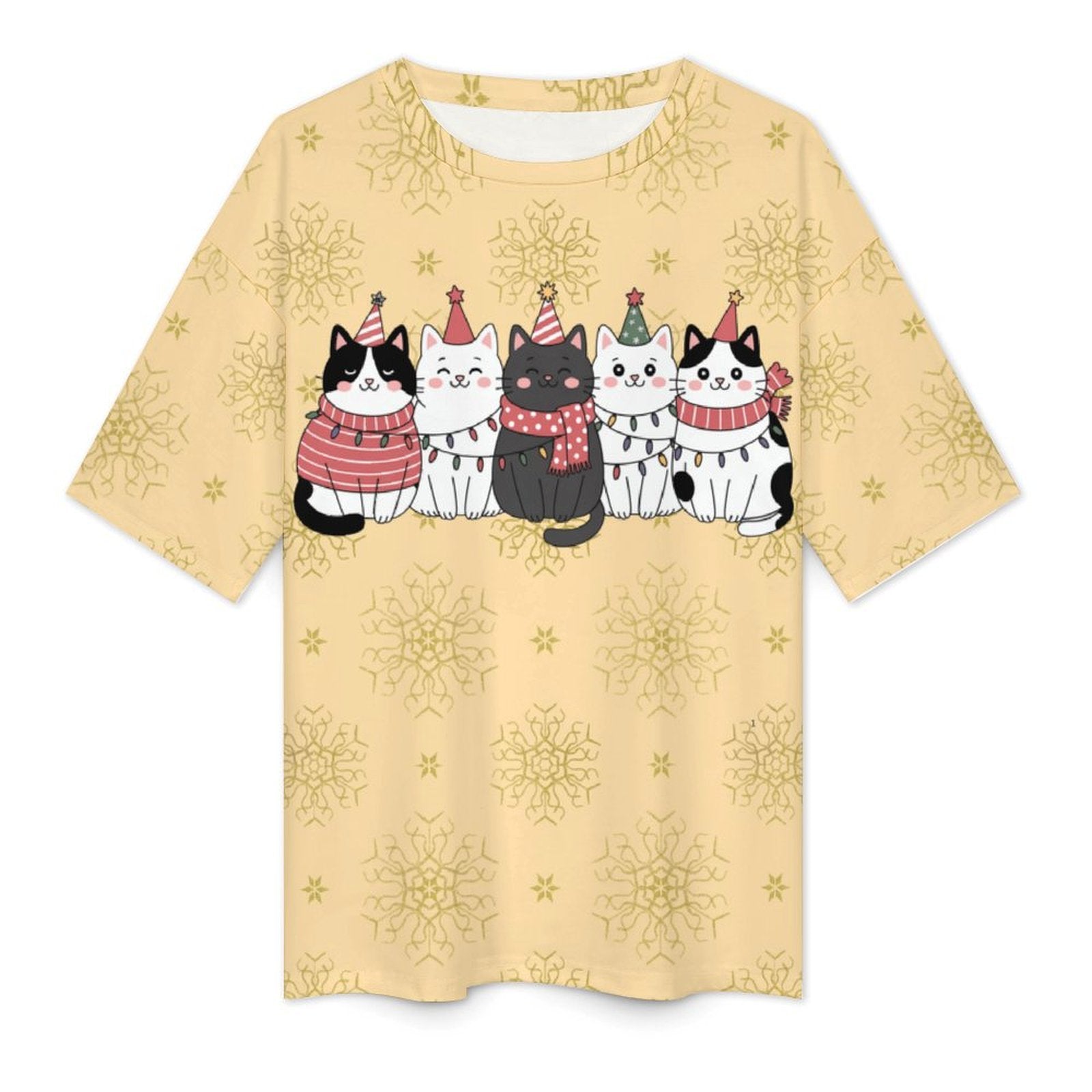 Drop Shoulder Baggy Tee with Cute Christmas Kitties, Loungewear, Casual, Fun