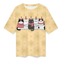 Drop Shoulder Baggy Tee with Cute Christmas Kitties, Loungewear, Casual, Fun