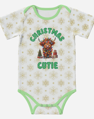 'CHRISTMAS CUTIE' Highland Cows; Short Sleeve Romper/Sleepsuits, Eco-Friendly Cotton
