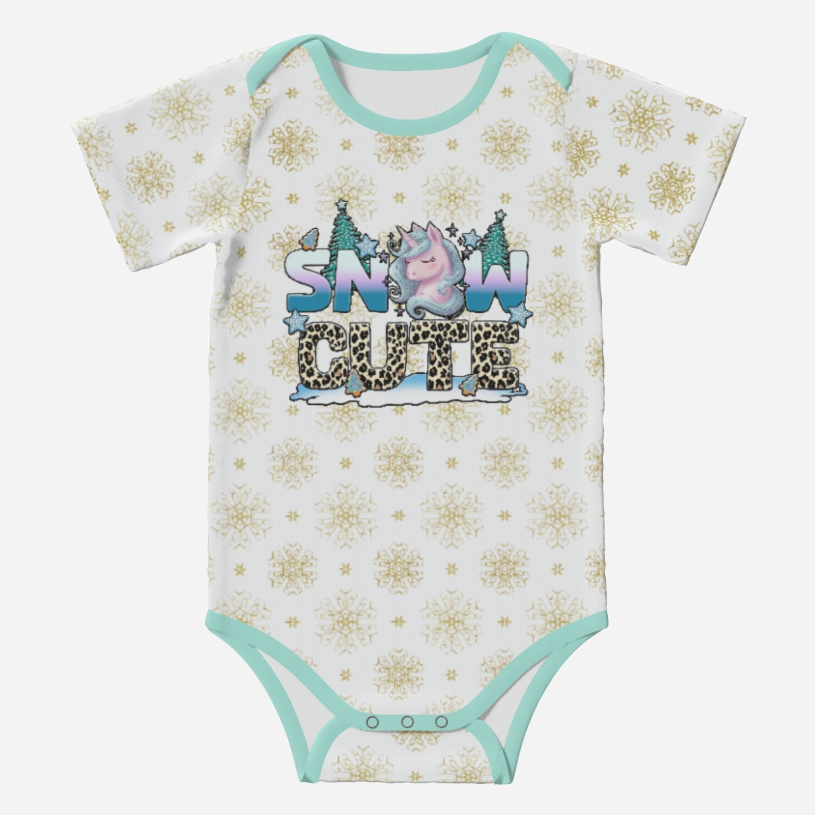'SNOW CUTE' Adorable Unicorn; Short Sleeve Romper/Sleepsuit, Eco-Friendly Cotton
