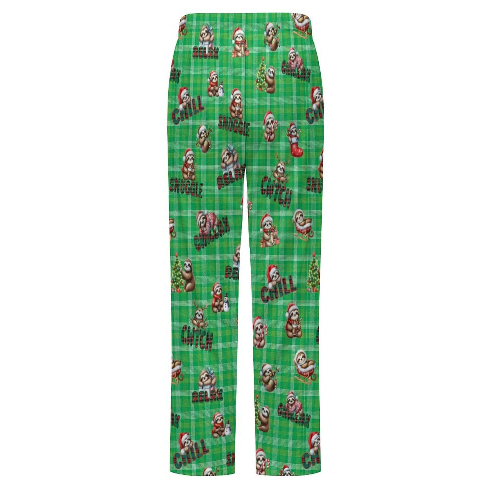 Fleecy Feel Loungewear / PJ Bottoms with Cute Sleepy Christmas Sloths on Green Tartan