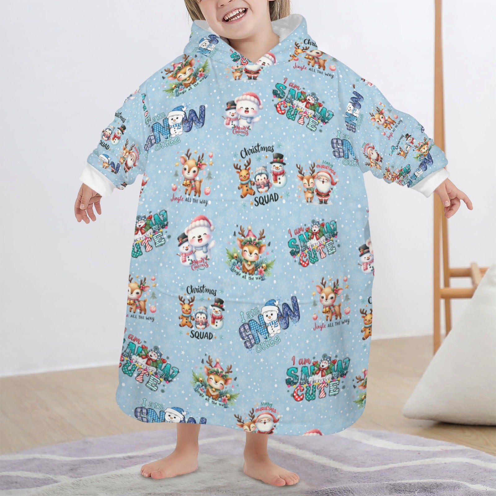 One-Size  Blanket Hoodie for Tots, Featuring Snowy Friends Celebrating Christmas
