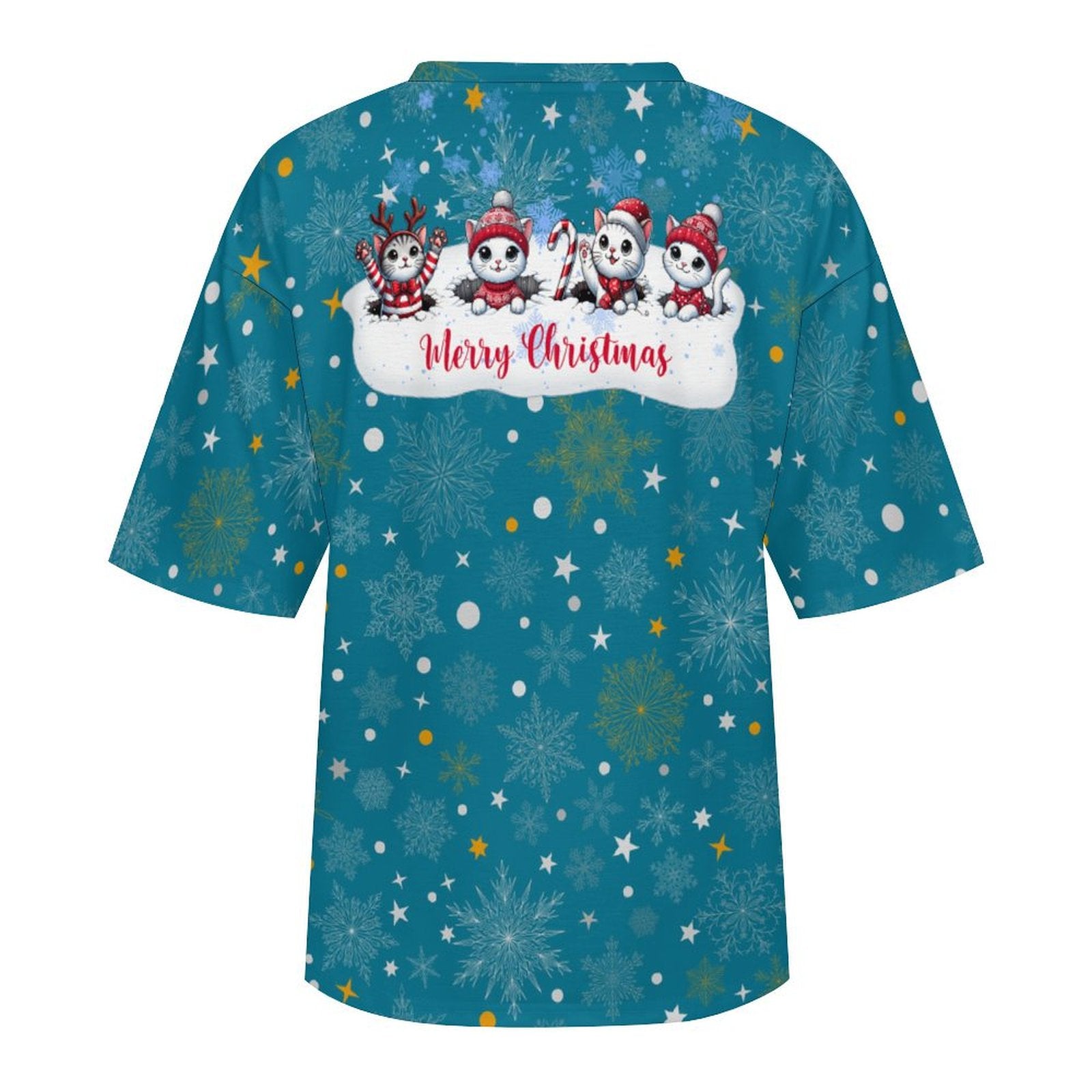 Drop Shoulder Baggy Tee with Fun Christmas Kitties, Unisex, Loungewear, Casual, Fun