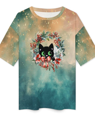 Drop Shoulder Baggy Tee with Cute Christmas Cat, Loungewear, Casual, Fun