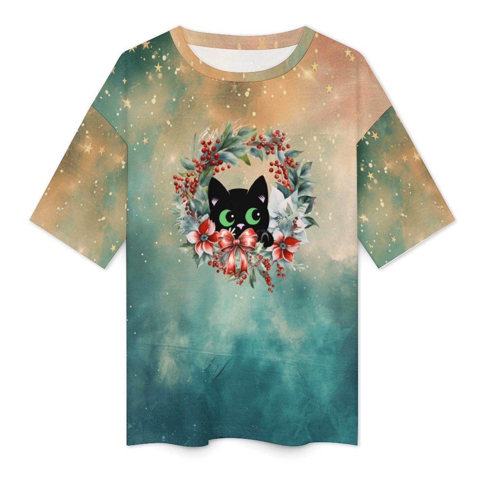 Drop Shoulder Baggy Tee with Cute Christmas Cat, Loungewear, Casual, Fun