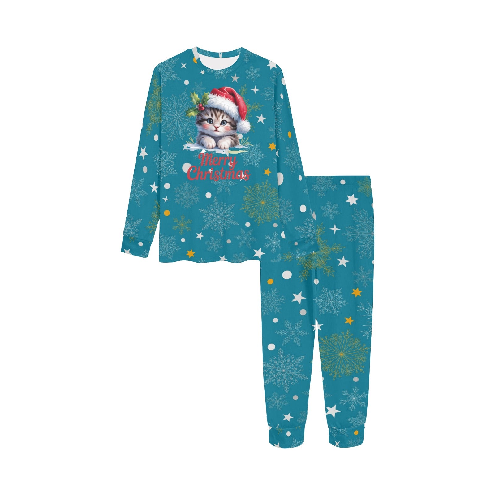 Soft, Comfortable Kids Unisex PJ Set with Cute Christmas Kitten