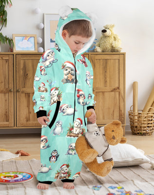Christmas Artic Friends, Fleecy, Zip-Up Onesie Loungewear for Little Kids