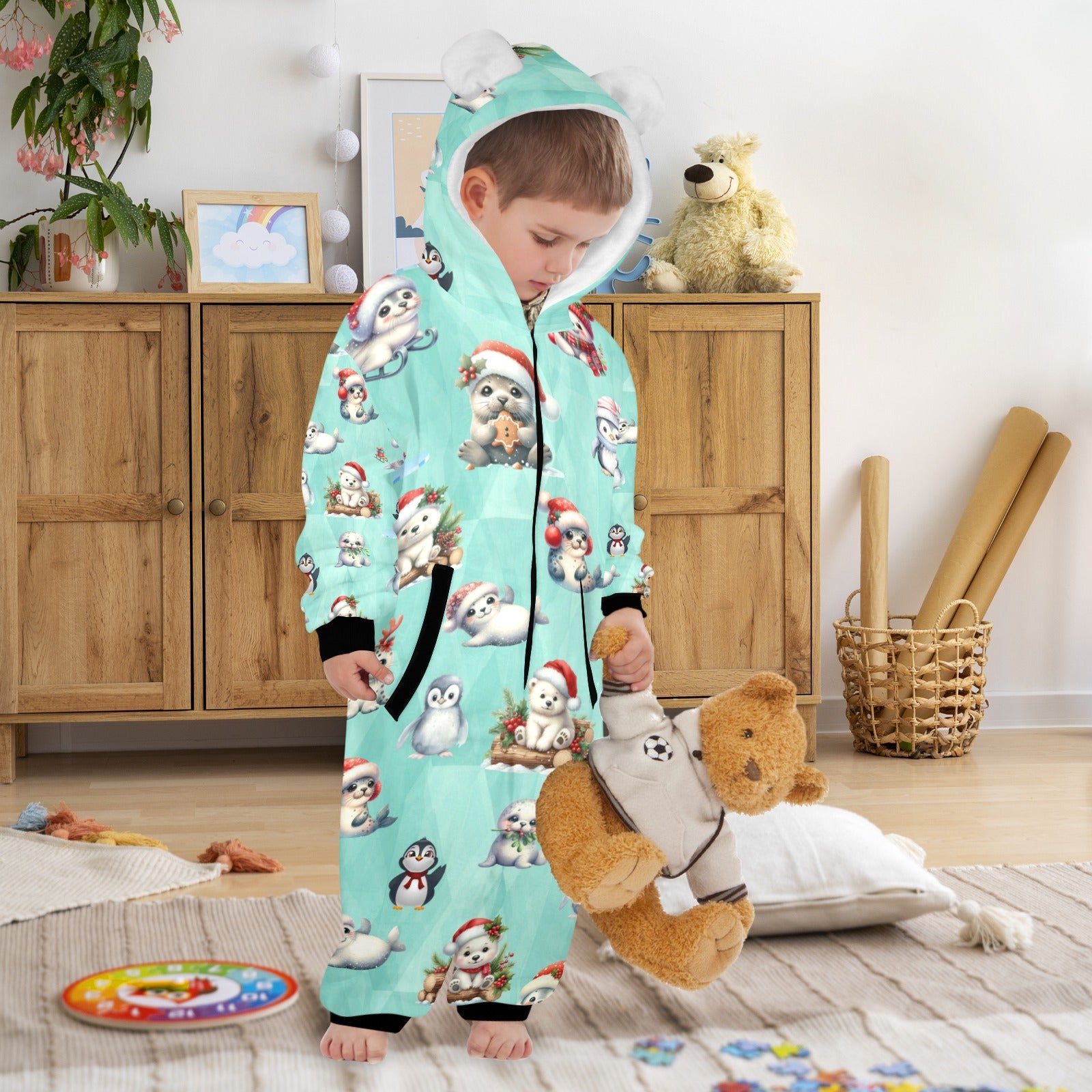 Christmas Artic Friends, Fleecy, Zip-Up Onesie Loungewear for Little Kids