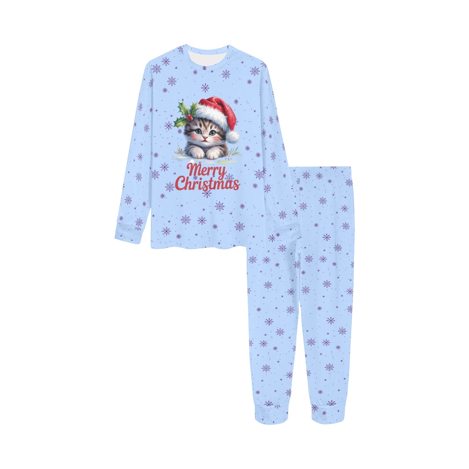 Lilac Snowflake PJs with Cute Christmas Kitten Kids' All Over Print Pajama Set