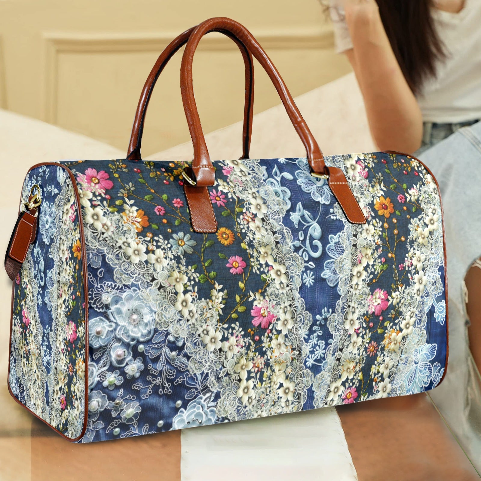 Boho Travel Bag5 Large Capacity Travel Bag-Large (Brown Short Patch) (1737)