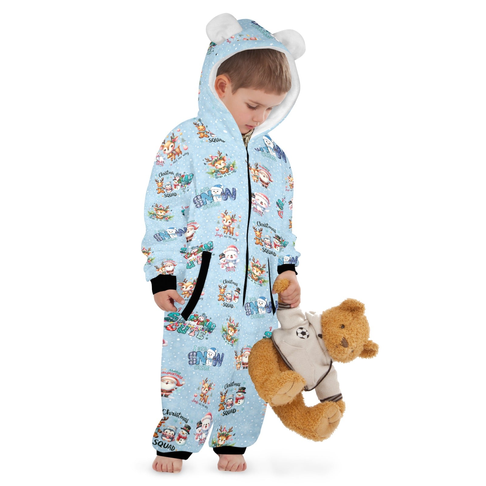 Christmas Snow Friends, Fleecy, Zip-Up Onesie Loungewear for Little Kids