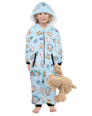 Christmas Snow Friends, Fleecy, Zip-Up Onesie Loungewear for Little Kids