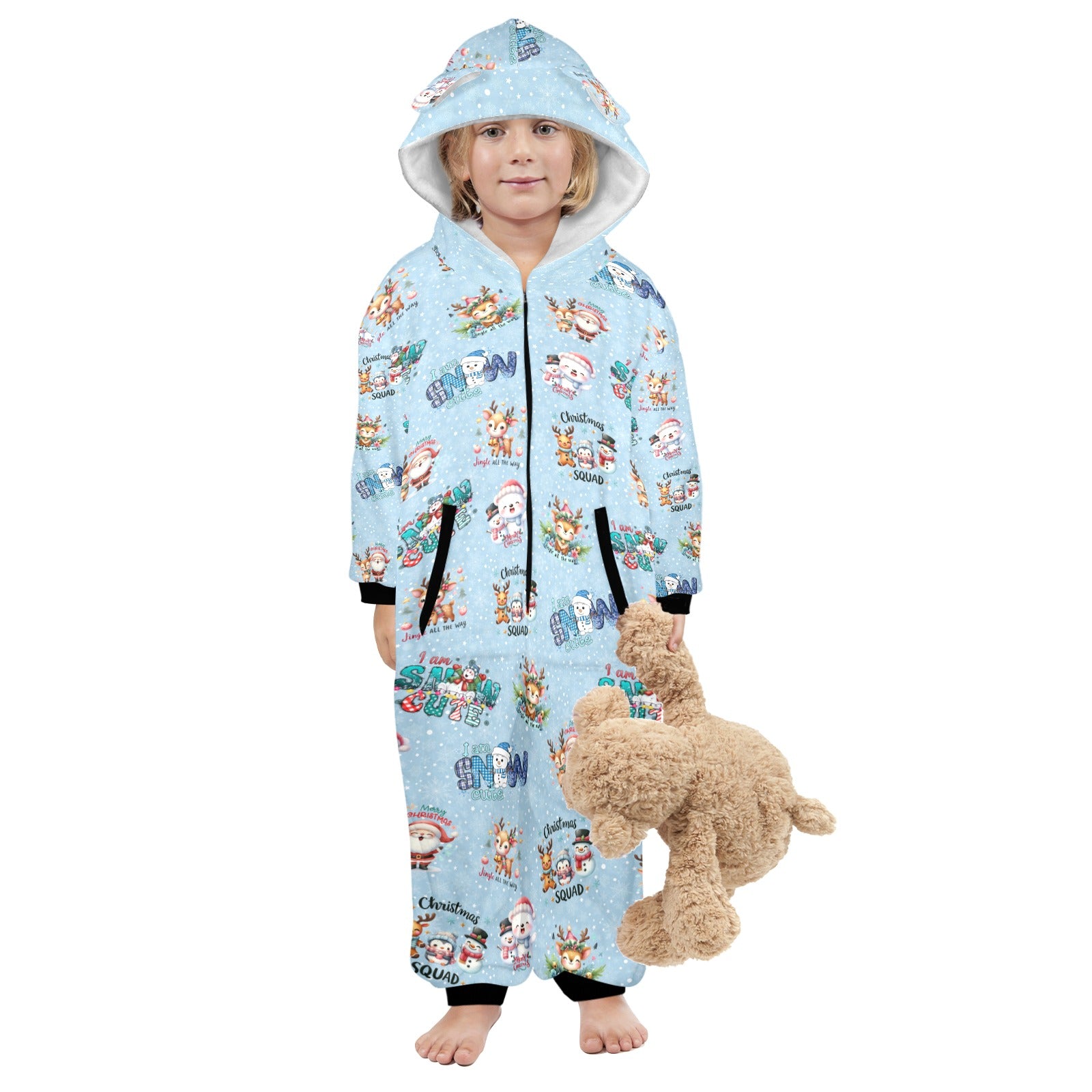 Christmas Snow Friends, Fleecy, Zip-Up Onesie Loungewear for Little Kids