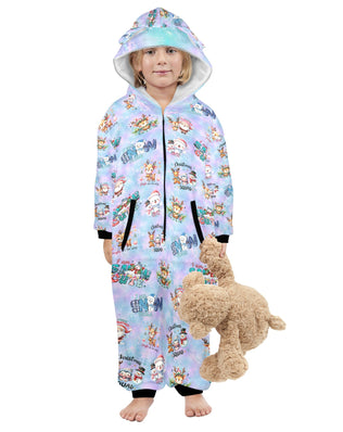 Christmas Snow Friends, Fleecy, Zip-Up Onesie Loungewear for Little Kids