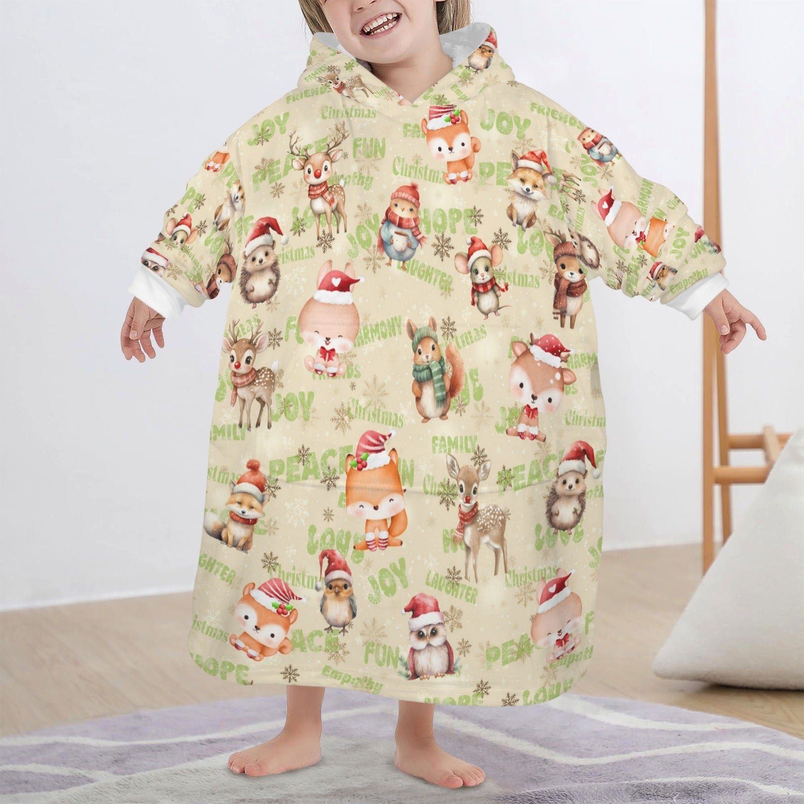 One-Size  Blanket Hoodie for Tots, Featuring Woodland Friends Celebrating Christmas