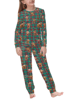 Soft, Comfortable Kids PJ Set with cute Highland Cows on Tartan Background
