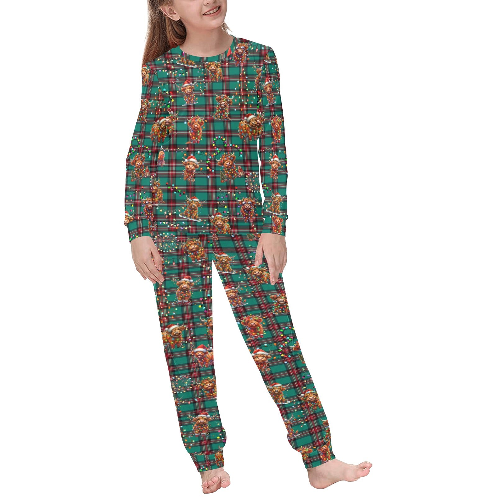Soft, Comfortable Kids PJ Set with cute Highland Cows on Tartan Background