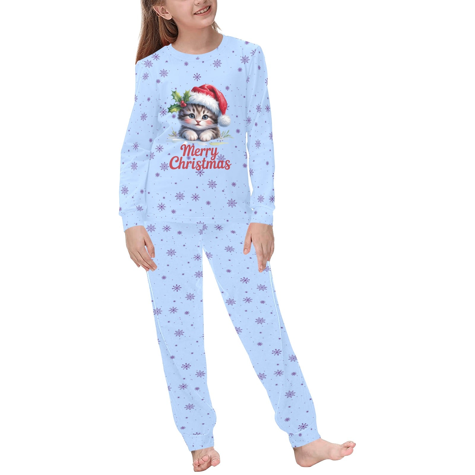 Lilac Snowflake PJs with Cute Christmas Kitten Kids' All Over Print Pajama Set