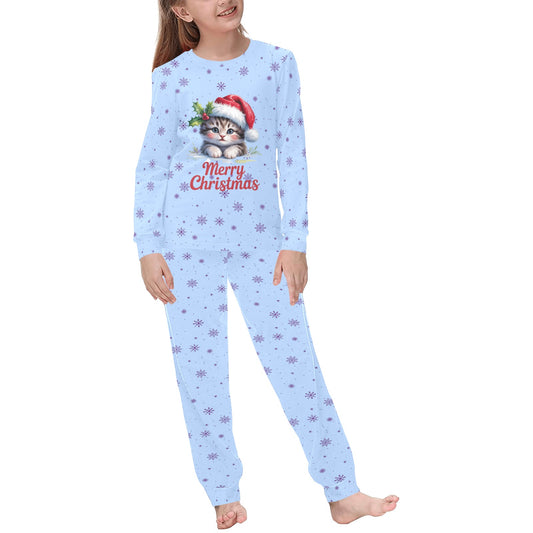 Lilac Snowflake PJs with Cute Christmas Kitten Kids' All Over Print Pajama Set