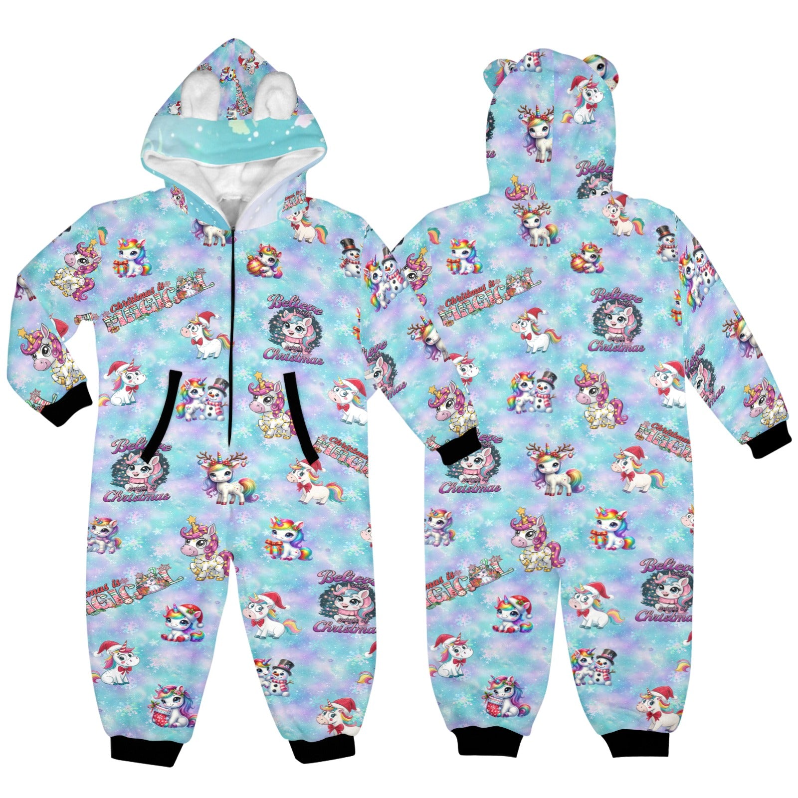Magical Christmas Unicorns, Fleecy, Zip-Up Onesie Loungewear for Little Kids