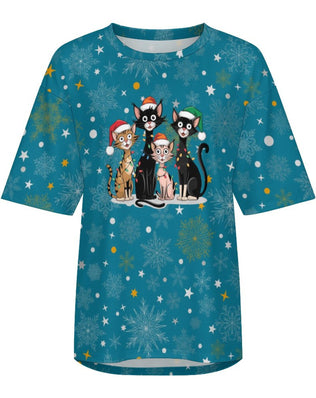Drop Shoulder Baggy Tee with Cute Christmas Kitties, Unisex, Loungewear, Casual, Fun