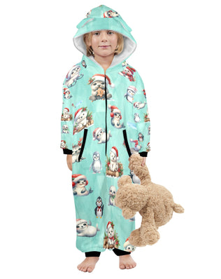 Christmas Artic Friends, Fleecy, Zip-Up Onesie Loungewear for Little Kids