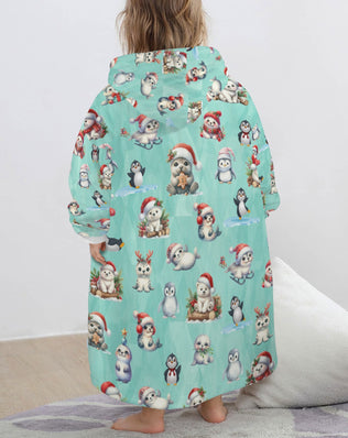 One-Size  Blanket Hoodie for Tots, Featuring Artic Friends Celebrating Christmas