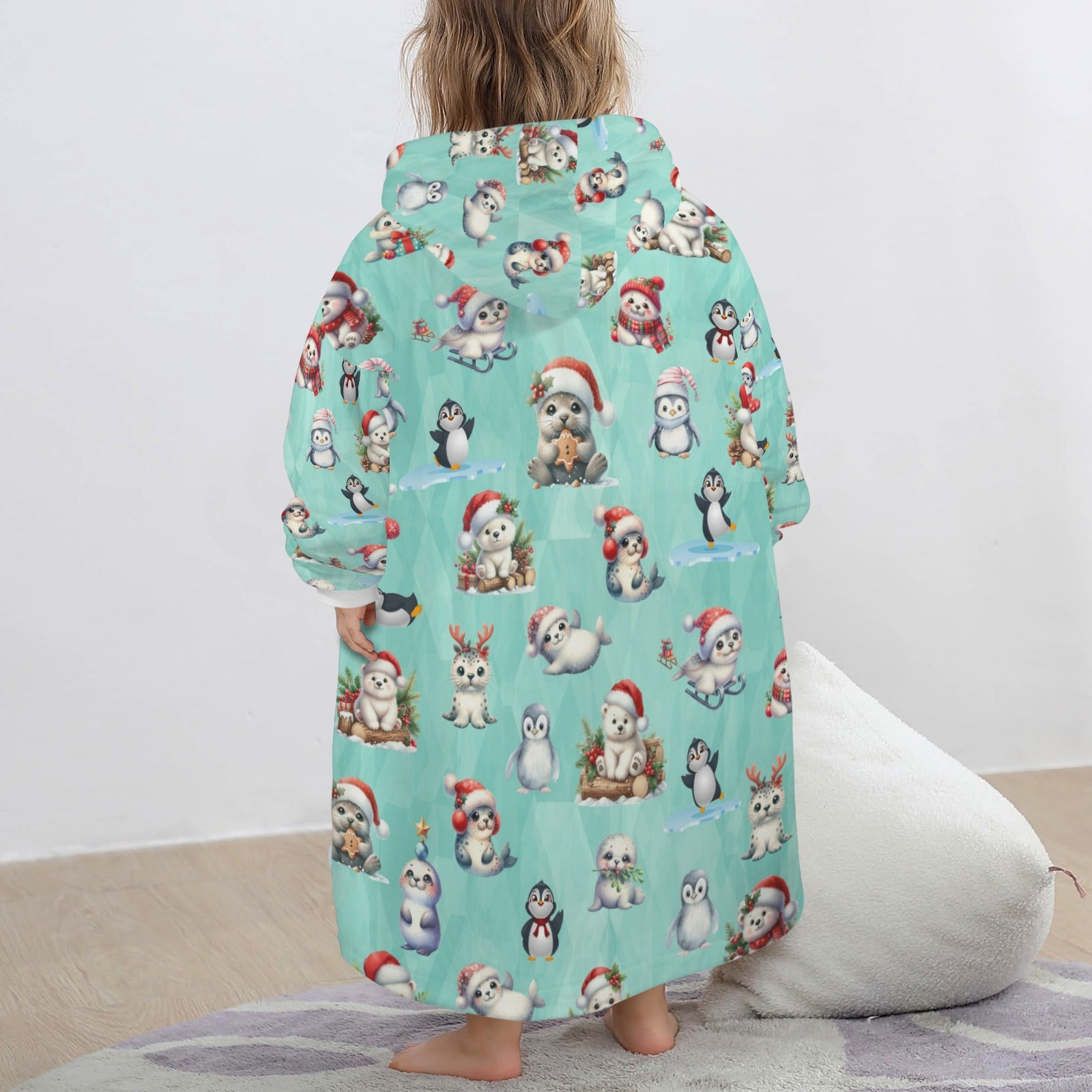 One-Size  Blanket Hoodie for Tots, Featuring Artic Friends Celebrating Christmas