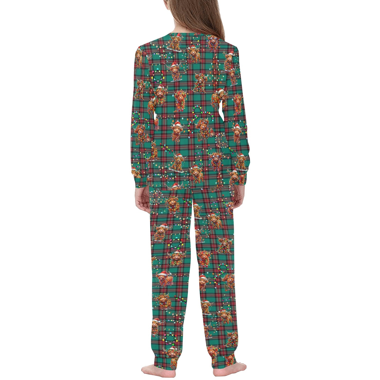 Soft, Comfortable Kids PJ Set with cute Highland Cows on Tartan Background