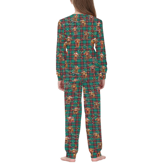 Soft, Comfortable Kids PJ Set with cute Highland Cows on Tartan Background