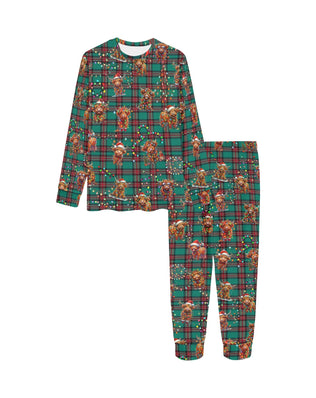 Soft, Comfortable Kids PJ Set with cute Highland Cows on Tartan Background