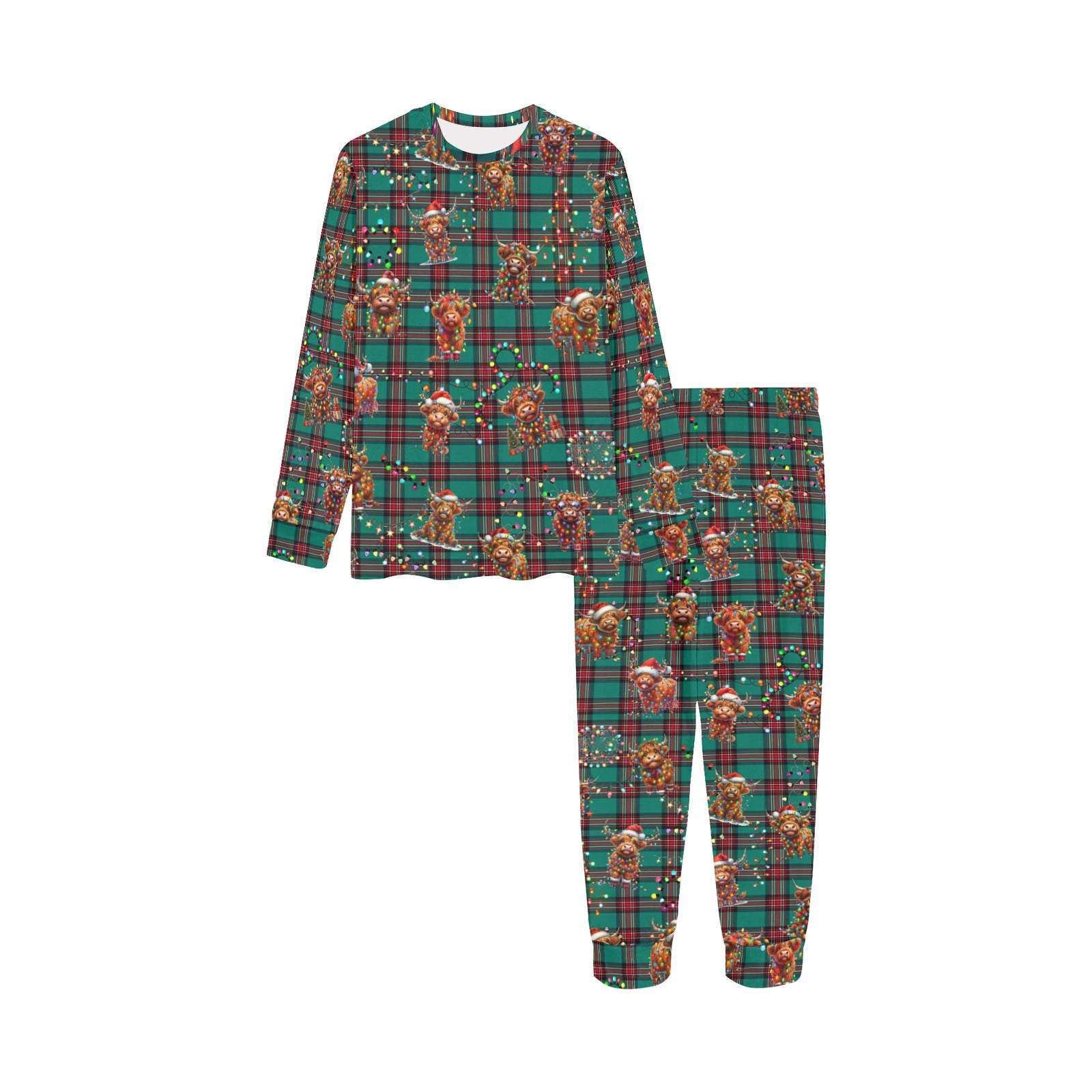 Soft, Comfortable Kids PJ Set with cute Highland Cows on Tartan Background